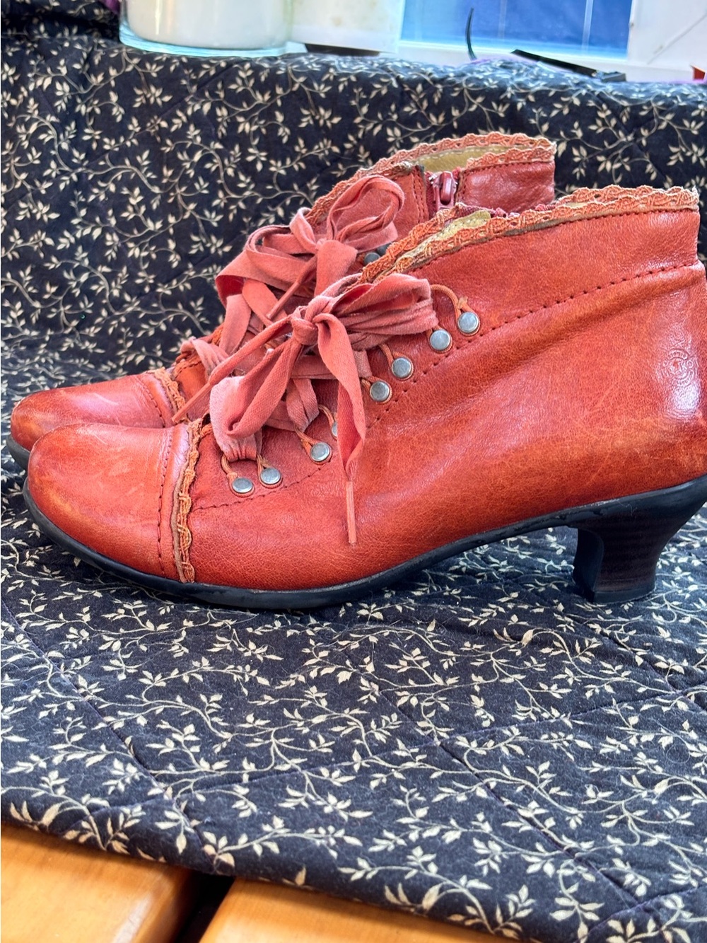 BRAKO Spain Orange Leather Lace Up Ribbon Ankle Boots Booties Size 38 (US 7.5-8)